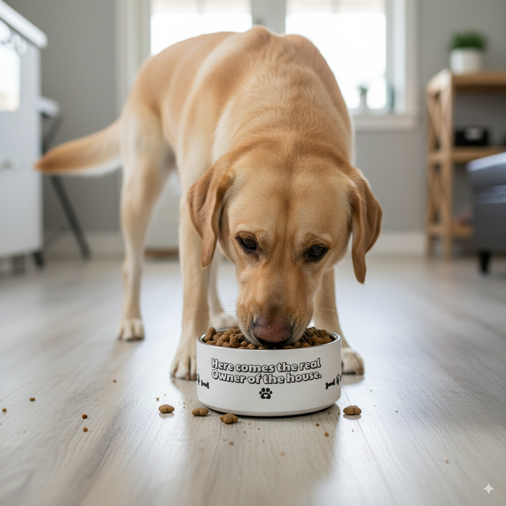 Pet bowl + WITH THE PHRASE "THE TRUE OWNER OF THE HOUSE EATS HERE"