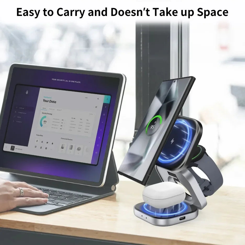 Foldable 3 In 1 Fast Magnetic Wireless Charger Stand Pad Magnet
