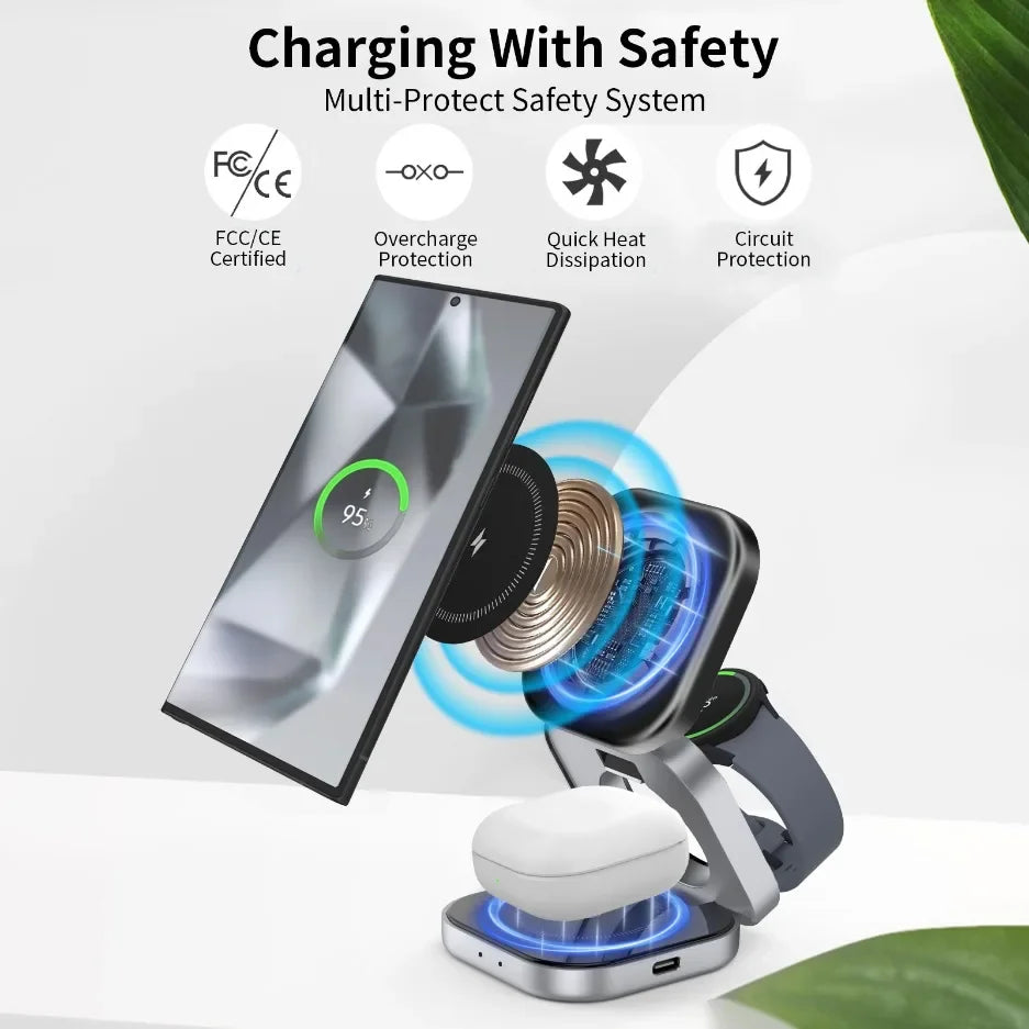 Foldable 3 In 1 Fast Magnetic Wireless Charger Stand Pad Magnet
