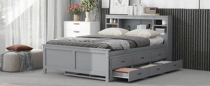 Full Size Platform Bed with Storage Headboard, USB, Twin Size Trundle