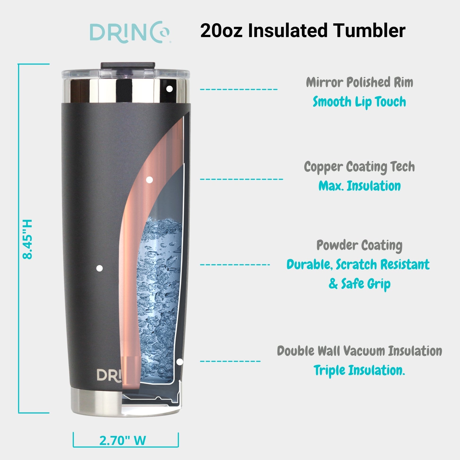 DRINCO® 20oz Insulated Tumbler w/Spill Proof Lid, 2 Straws(Black) - WFP Store