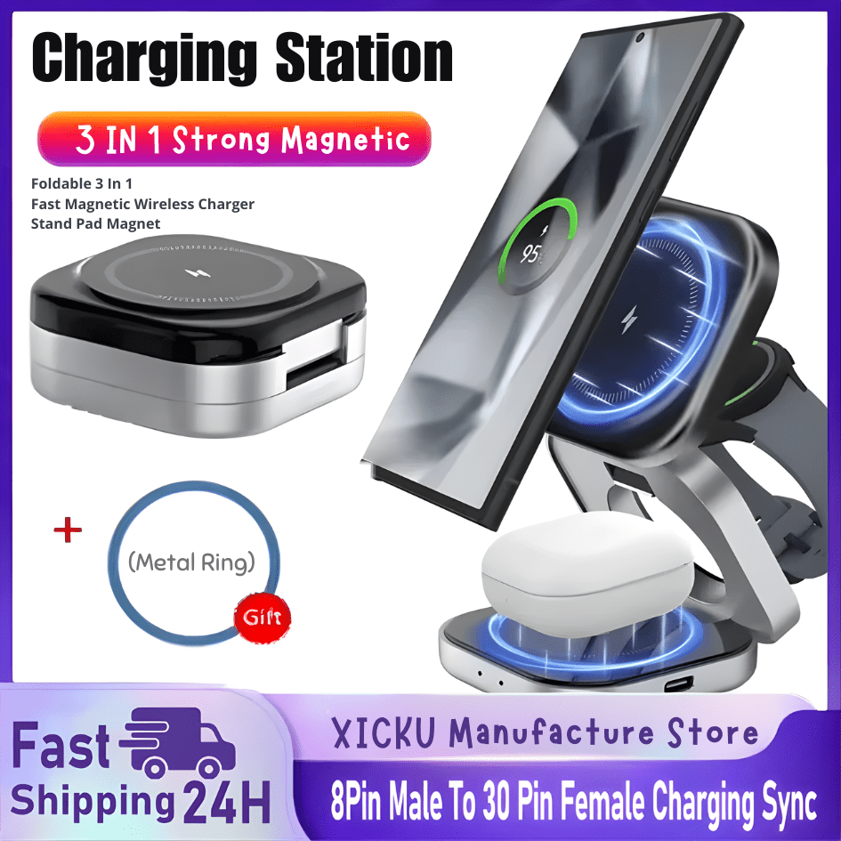 Foldable 3 In 1 Fast Magnetic Wireless Charger Stand Pad Magnet - WFP Store