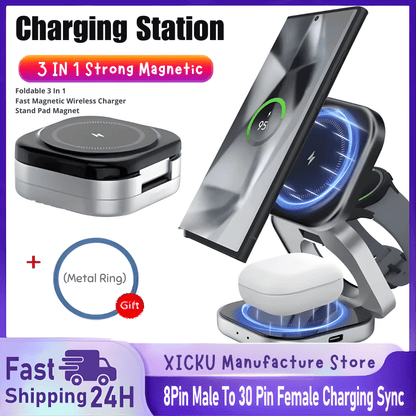 Foldable 3 In 1 Fast Magnetic Wireless Charger Stand Pad Magnet - WFP Store