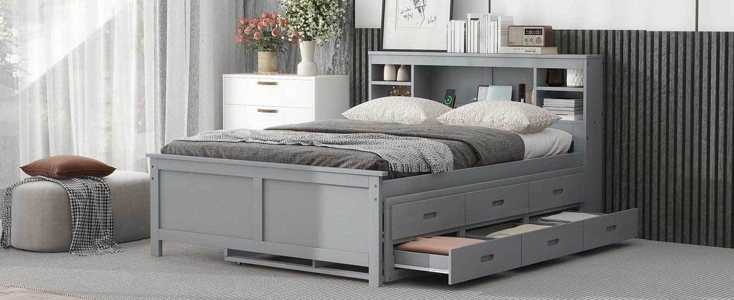 Full Size Platform Bed with Storage Headboard, USB, Twin Size Trundle - WFP Store