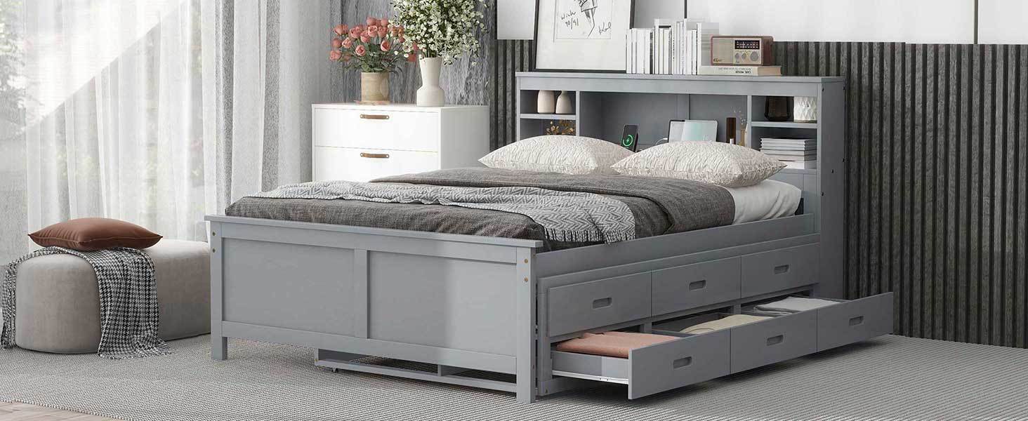 Full Size Platform Bed with Storage Headboard, USB, Twin Size Trundle - WFP Store