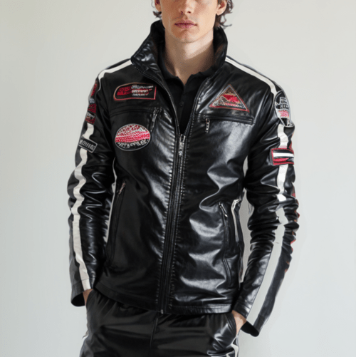 Mens Biker Vegan Leather Jacket With Badges - WFP Store