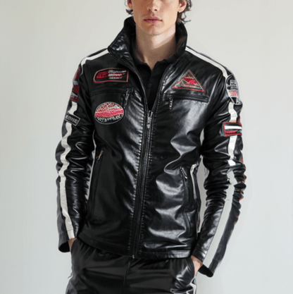 Mens Biker Vegan Leather Jacket With Badges - WFP Store
