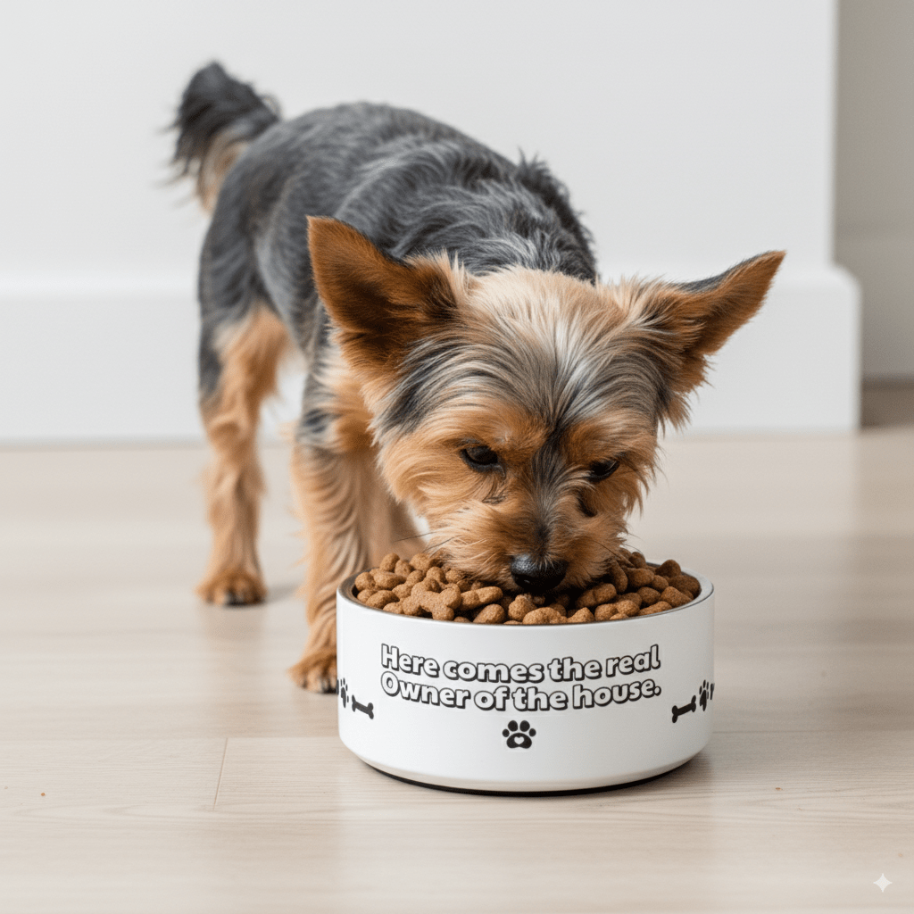 Pet bowl + WITH THE PHRASE "THE TRUE OWNER OF THE HOUSE EATS HERE" - WFP Store