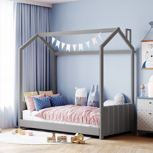 Twin Size Velvet House Bed Wood Bed, Gray - WFP Store